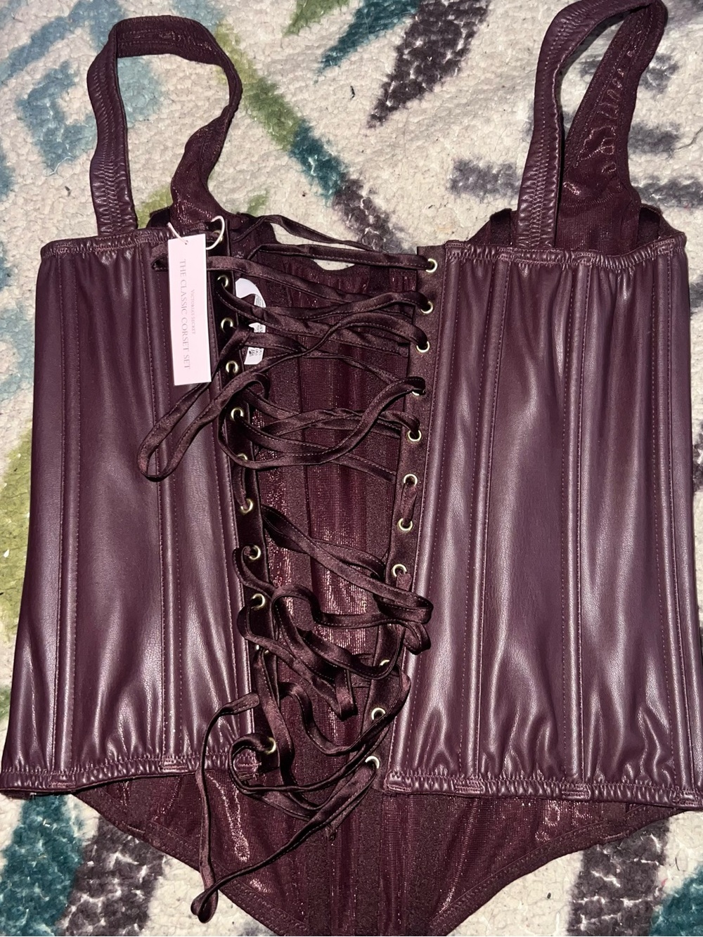 Victorias Secret Lace-Up Faux Leather Burgundy Corset